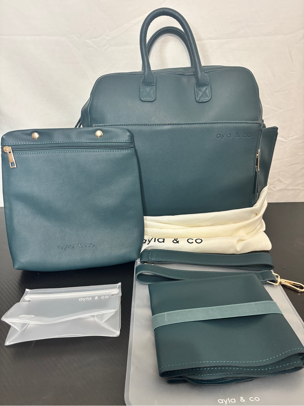 Ayla & Co Teal Vegan Leather Diaper Bag Backpack Set w/ Accessories